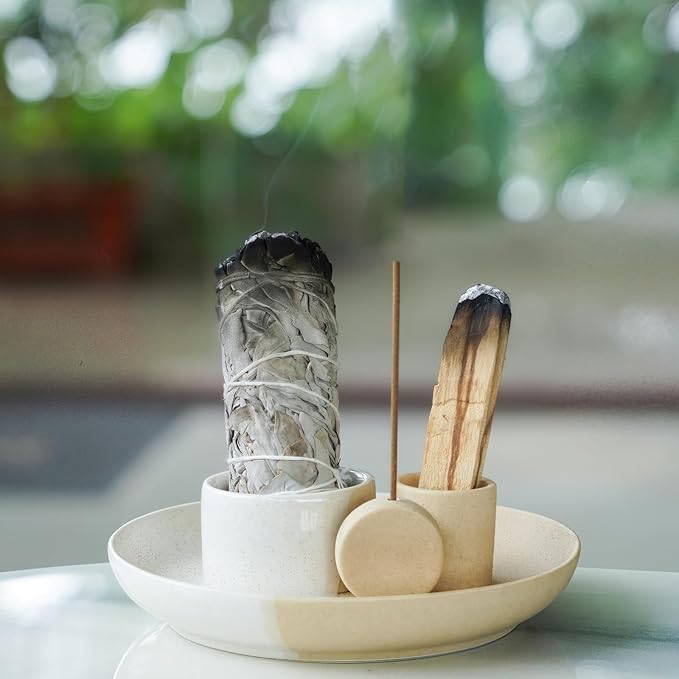 4 in 1 Incense Holder, Ceramic Incense Stick and Palo Santo Holder,Sage Holder for Burning- 5.5" Ceramic Ash Catcher Tray for Meditation and Yoga Room (White Sand) - Bloomnest