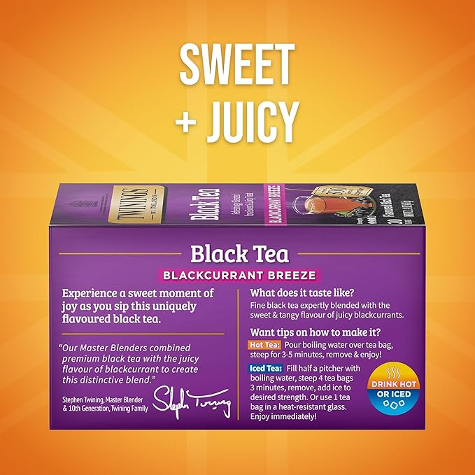 Twinings Blackcurrant Breeze Black Tea Individually Wrapped Bags, 20 Count (Pack of 6), Sweet, Tangy Taste, Caffeinated, Enjoy Hot or Iced, 120 Teabags - Bloomnest