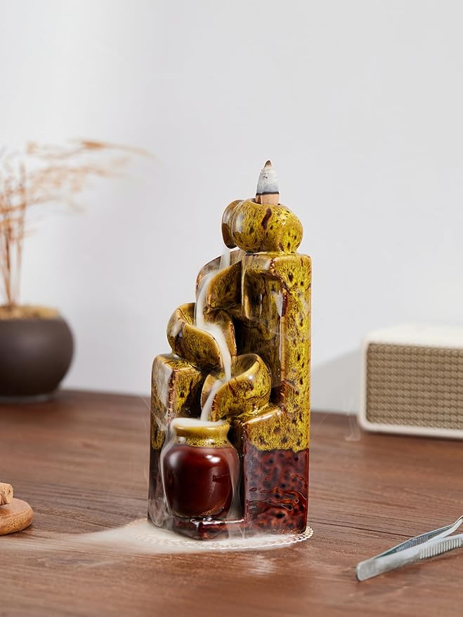 Unique Cascading Basins Ceramic Waterfall Incense Holder, Paired with a Pack of Backflow Incense Cones. (Fambe Yellow) - Bloomnest