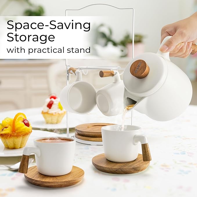 MIAMIO – 34 Oz Ceramic Tea Pot Set with Infuser and Cups/Tea Strainer, 4 Ceramic Tea Mugs (10 Oz), Bamboo Saucers/Handle for Home and Office (White) - Bloomnest
