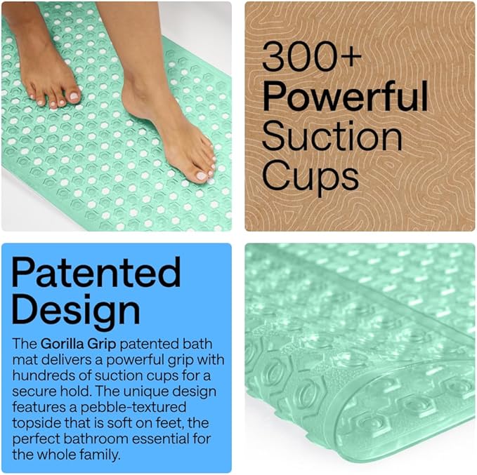 GORILLA GRIP Patented Bath Tub Shower Mat, Machine Washable Bathtub Floor Liner Mats, Suction Cups and Drain Holes to Keep Tubs Clean, Soft on Feet, Bathroom Essentials, 35x16 Inch, Clear Green - Bloomnest