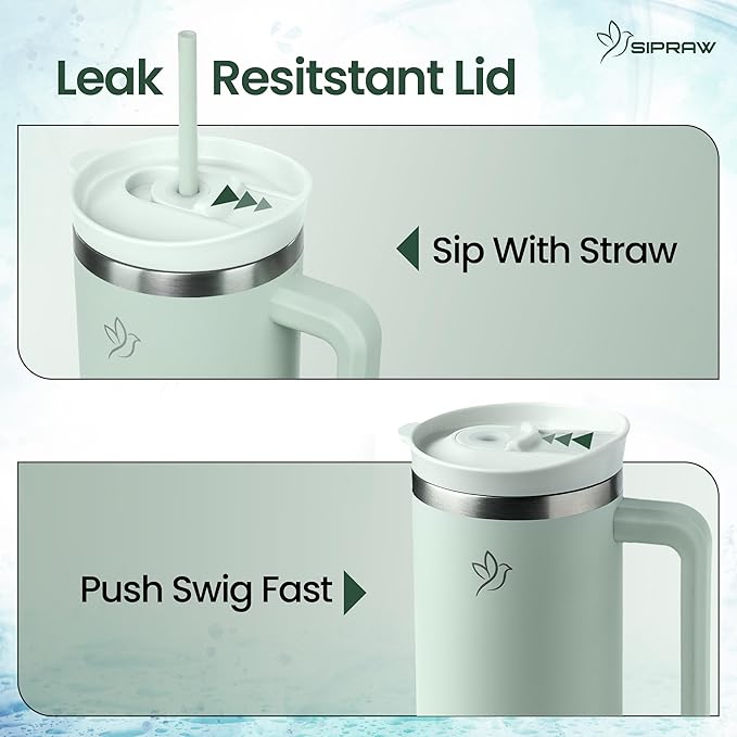 Tumbler with Handle, Insulated Tumbler with Lid and Straw, Stainless Steel Travel Coffee Mug, Cup Holder Friendly, Perfect for Camping, Travelling & Gifting, 40oz, Pastel green - Bloomnest