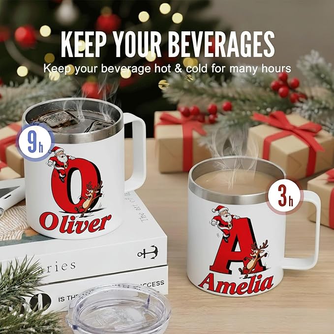 JugJug Personalized Christmas Mug with Initial & Name - Funny Falling Santa 12oz Insulated Coffee Cup w/Lid - Xmas Gifts for Kids, Girls, Family (B159) - Bloomnest