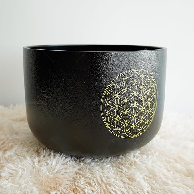 6" B Note Flower of Life Black Crystal Singing Bowl Frosted Quartz Crown Chakra Meditation Sound Healing Suede Striker O-ring - Bloomnest
