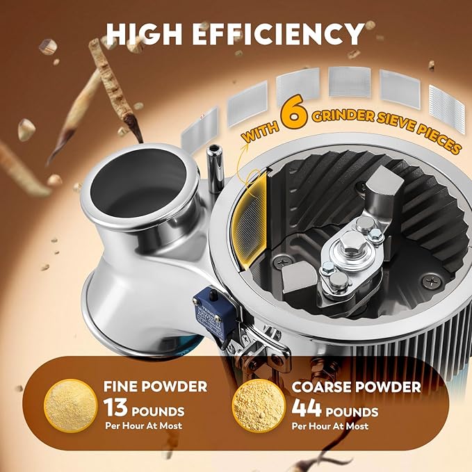 CGOLDENWALL Hammer Mill Grinder, 2000W Commercial Electric Herb Grinder, 44 Lbs/H, Continuous Feeding, with Funnel & 6 Sieve Meshes, Pulverizer for Dry Herb Grain Spice Nutmeg,110V - Bloomnest