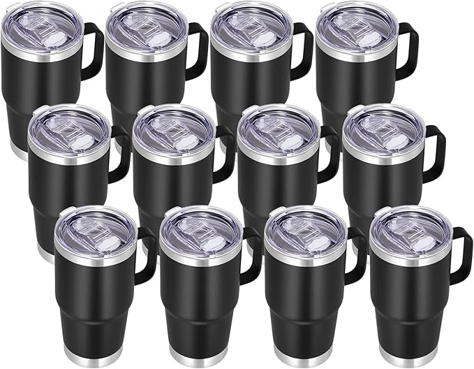 VEGOND 20 oz Tumbler Bulk with Handle Lid and Straw, Stainless Steel Insulated Travel Coffee Mug Set, Spill Proof Double Wall Metal Tumblers Cups, Powder Black 12 Pack - Bloomnest