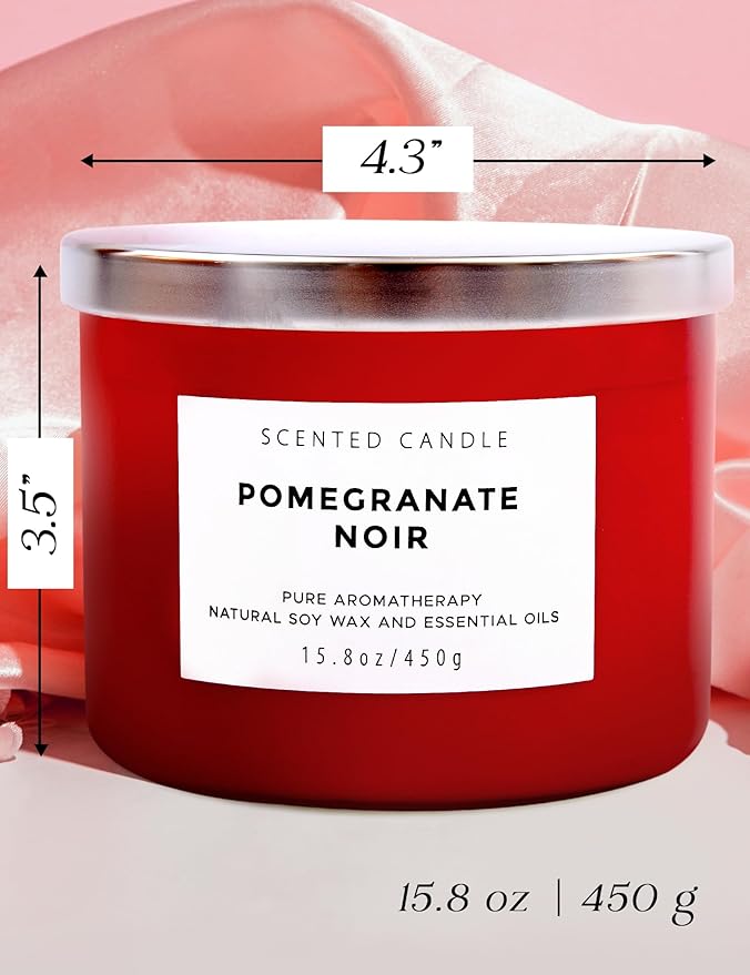 Pomegranate Noir Vanilla 3 Wick Candle | Highly Scented Natural Soy Candle 15.8 oz | Aromatherapy Stress Relief Candle Long Lasting & Clean Burn | Luxury Relaxing Gift for Home, Women & Men - Bloomnest