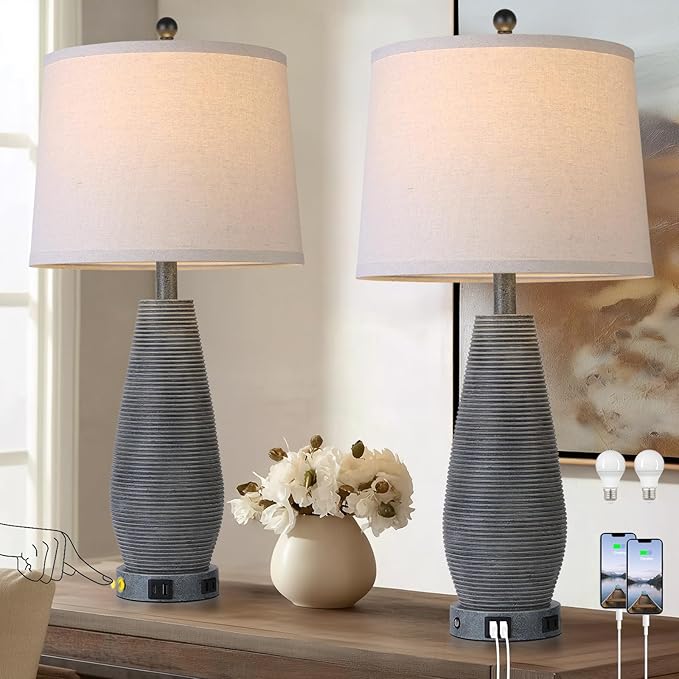 Farmhouse Table Lamps Set of 2 with USB C+A Ports and AC Outlet, 3 Way Touch Rustic Bedside Lamps for Living Room, 26.5" Grey Vintage Lamps for Bedroom Nightstand - Bloomnest