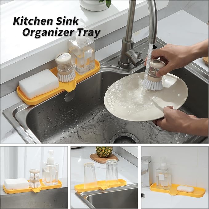 Silicone Bathroom Soap Dishes with Drain Spout-Bathroom and Kitchen Sink Organizer,Sponge Holder,Dish Soap Tray,Perfect for Dispenser,Scrubber,Bottle,Cup on Sink or Counter-Yellow 12"×4" - Bloomnest