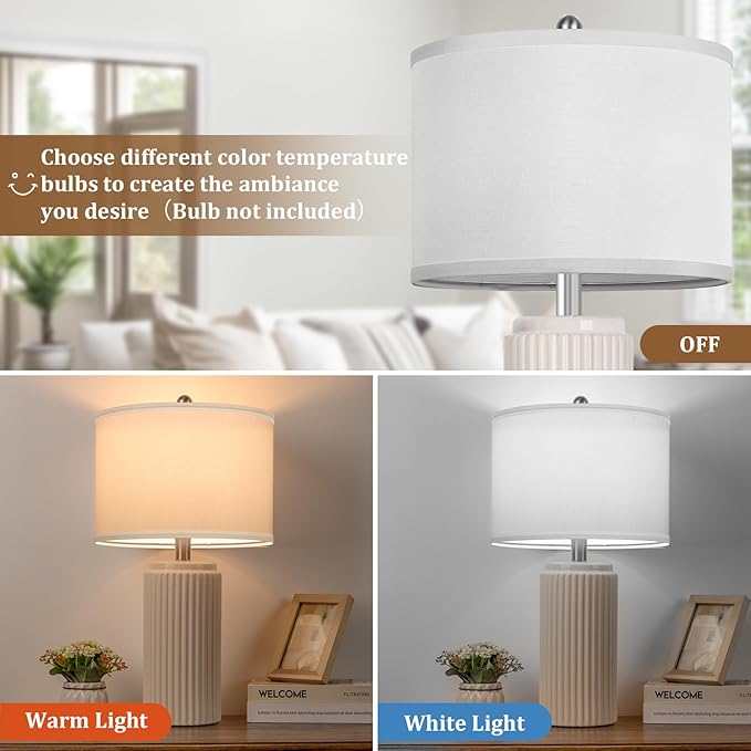 23.5’’ Beige Modern Ceramic Table Lamps Set of 2 for Living Room, Farmhouse Bedside Lamps with Upgraded White Linen Shade, Rustic Nightstand Lamps for Bedroom Home Office, Vintage End Table Dorm - Bloomnest