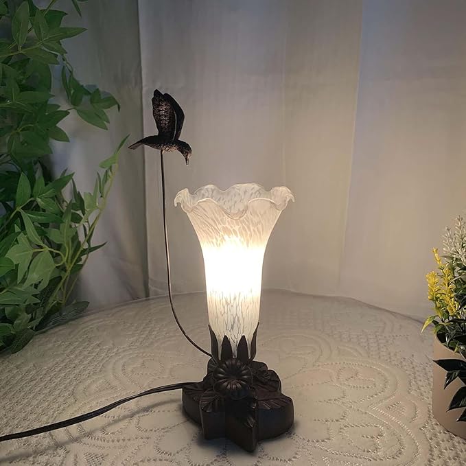 Bieye LL10 Hummingbird Flying Over Lily Flower Blown Glass Table Lamp for Home Decor (White, 4.25Wx12H)