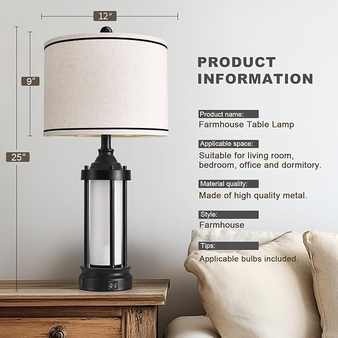 25'' Table Lamps for Bedroom Living Room Lamps Set of 2 Farmhouse Nightstand Bedside Lamps with USB Ports, Built-In Frosted Glass Night Light Industrial Metal Night Stand Lamp, Bulbs Included, Black - Bloomnest