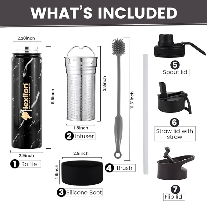 Lexlion Tea Infuser Water Bottle 22 Oz – Triple Wall Insulated Stainless Steel, Loose Leaf & Fruit Strainer, 3 Leakproof Lids, BPA-Free Silicone Sleeve, Reusable Thermal Mug - Bloomnest