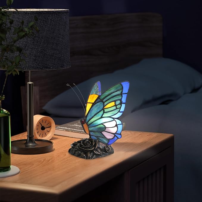 Small Teal and Green Tiffany Style Butterfly Table Lamp for Girls Gift Cute Fun Bedside Desk Lamps Stained Glass Lamp Colorful Vintage Art Unique Bedroom Nightstand Decor Accent Night Light Rose Base - Bloomnest