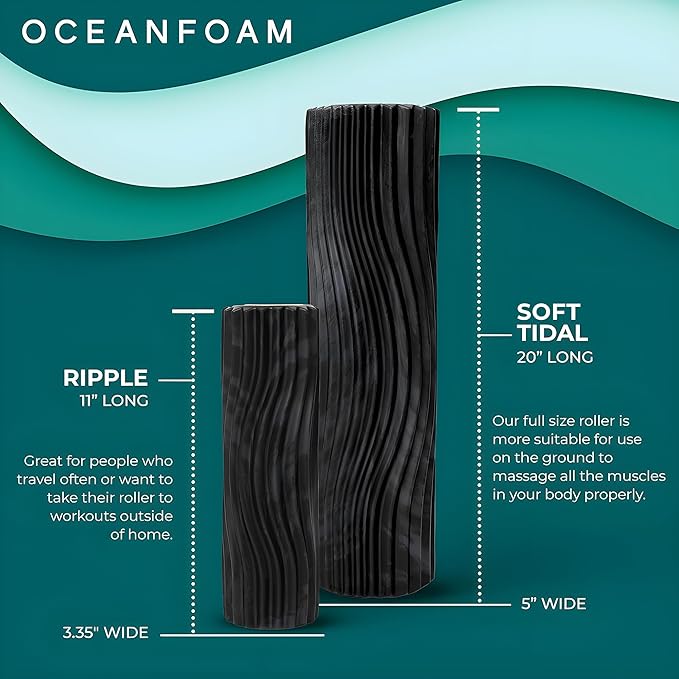 Oceanfoam Soft Tidal Roller (Black & Charcoal Marbled) - Low Density Foam Roller for Physical Therapy, Back Pain, Exercise & Stretching - Wave Textured - Yoga & Wellness - Full Size, 20" x 5" - Bloomnest