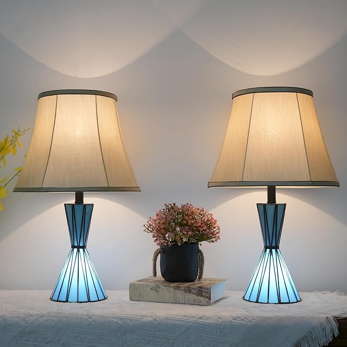 Blue Glass Table Lamps Set of 2 for Living Room 3-Way Dimmable Bedside Desk Lamps with 13 inches White Shade for Living Room Home Office - 2 LED Bulbs Included - Bloomnest