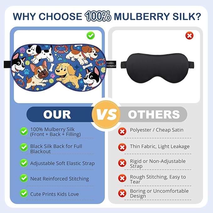 Kids Silk Sleep Mask: 100% Mulberry Silk Eye Mask with Adjustable Strap, Cute Sleeping Blindfold for Boys Girls Teens, Soft & Lightweight Eye Shade for Travel, Nap, Bedtime (Dogs Style) - Bloomnest