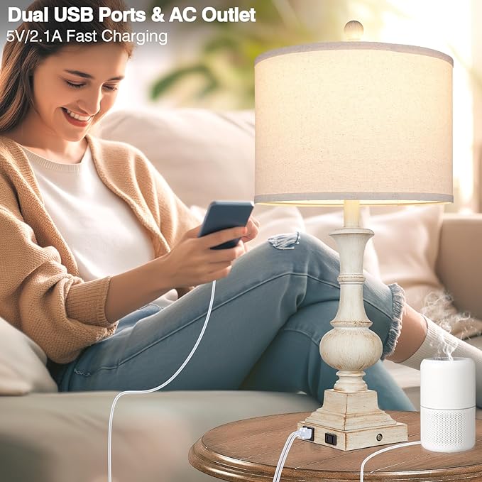 26" Farmhouse Table Lamps, Table Lamps For Living Room Set of 2 with USB A+C Ports & AC Outlet, Vintage Rustic Touch Control 3-Way Dimmable Boho Nightstand Lamp White Washed Resin for Bedroom Deocr - Bloomnest