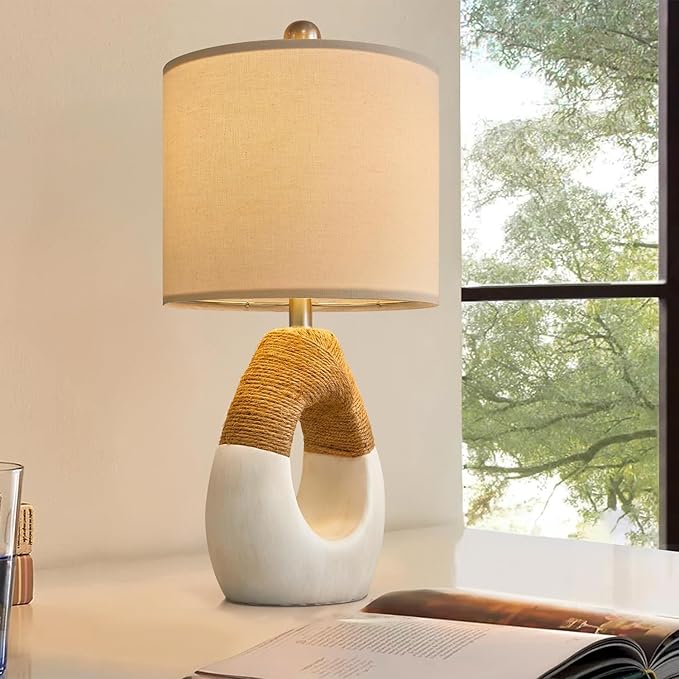 OYEARS 19” Boho Table Lamps Bedroom Living Room,Suitable for Small Space,Farmhouse Rattan Lamp Rustic Egg Design Resin Nightstand Bedside Lamps for Bedroom Living Room Office Study Rest Decor - Bloomnest