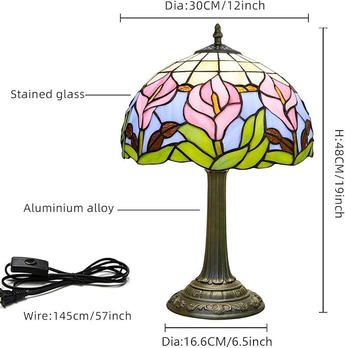 Tiffany Lamp 12 Inch Blue Pink Calla Lily Victorian Stained Glass Table Lamp Antique Bedside Reading Lamp For Bedroom Nightstand Office Light Dorm Room Decor Tiffany Style Retro Home Decoration Gifts - Bloomnest