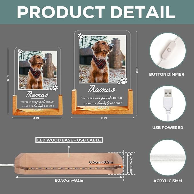 Personalized Pet Memorial LED Night Light, Custom Photo Pet Lover Keepsake, Dog Memorial Sympathy Gift, Personalized Light Up Sign for Dog Lovers, Custom Dogs Photo Gifts for Home Decor - Bloomnest