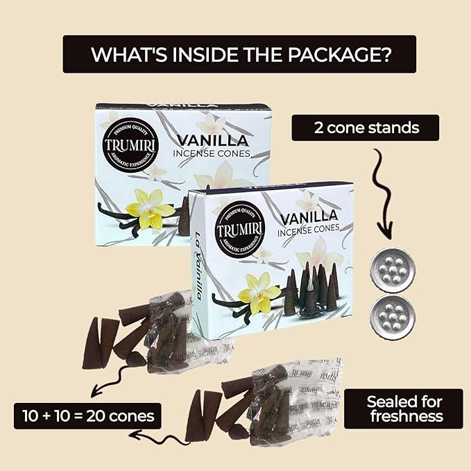 TRUMIRI Vanilla Incense Cones - Total 20 Cone Incense - Dual Pack of 10 Insence Cones - Incense Cones Scented - Cone Incense Scents - Insense Cones - Incent Cone TRUMIRI