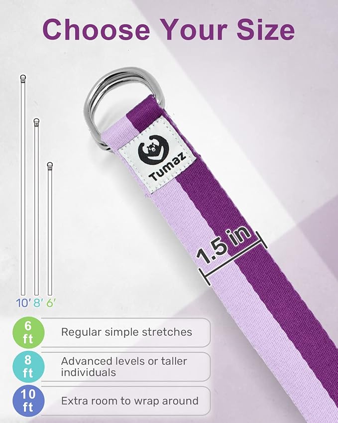 Tumaz Yoga Strap/Stretch Bands [15+ Colors, 6/8/10 Feet Options] with Extra Safe Adjustable D-Ring Buckle, Durable and Comfy Delicate Texture - Best for Daily Stretching, Physical Therapy, Fitness - Bloomnest