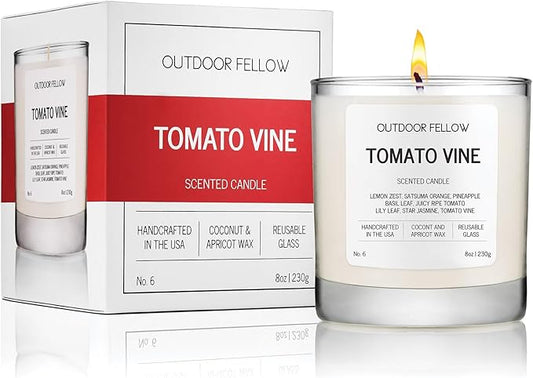 Outdoor Fellow Tomato Vine Scented Candle – 8oz Coconut Wax Blend – Strong Scent Throw – Inspired by Backyard Tomato Plants – Luxury Tomato Leaf Candle in Reusable Glass Jar - Bloomnest
