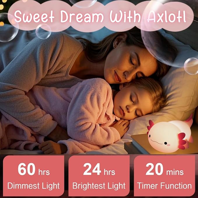 Axolotl Cute Night Light for Kids, Axolotl Lamp Girls Xmas Gifts, Rechargeable Bedside Nightlight, Squishy Dimmable Silicone LED Funny Animal Light, Baby Nursery Dorm Kawaii Décor Toys - Bloomnest