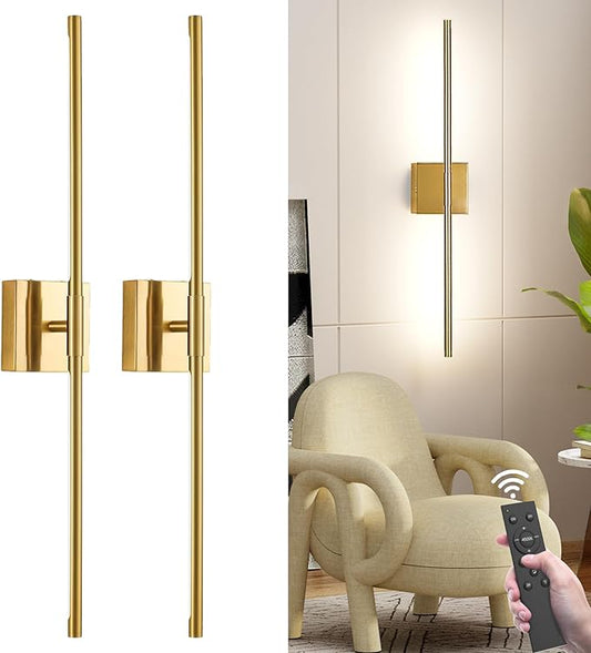 31.5 Inch Battery Operated Wall Sconce Set of Two, 8000mAh USB Rechargeable Wall Sconce with Remote Control, 360°Rotate Dimmable 3000K-6000K LED Wall Lights for Living Room, Hallway, Bedroom, Gold - Bloomnest