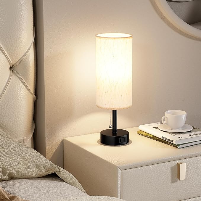 Fenmzee Bedside Table Lamp for Nightstand - 3 Color Temperatures Pull Chain Lamp with AC Outlet Charging Port, Round Night Stand Light for Bedroom Living Room, Small Bed Side Light with E26 LED Bulb - Bloomnest