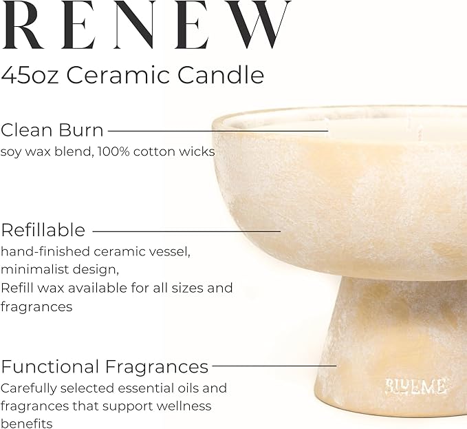BLUEME Renew - Ivy & Rose, Luxury Candle w/Essential Oils, 6 Wick, Hand-Poured Soy, Cotton Wick, Ceramic - Bloomnest