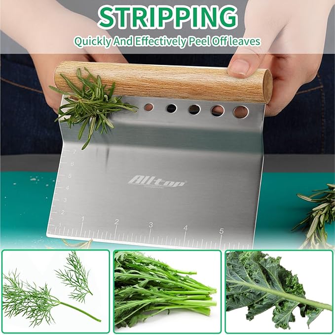 ALLTOP Dough Bench Scraper/Cutter/Chopper Stainless Steel Blade with Herb Stripper,Multipurpose Kitchen Pastry Tool with Scale Ruler - Leaf Remover - 1 Pack - Bloomnest