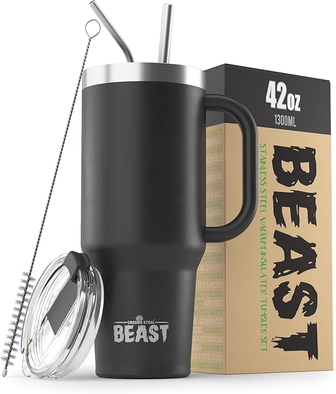 Beast 42 oz Tumbler Stainless Steel Vacuum Insulated Coffee Ice Cup Double Wall Travel Flask (Matt Black) - Bloomnest