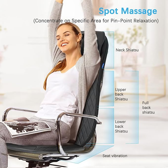 Shiatsu Neck & Back Massager with Heat, Massage Chair Pad Cushion for Stress Relief, Inflatable Flaps Back Support, Kneading or Rolling Chair Seat Massage - Bloomnest