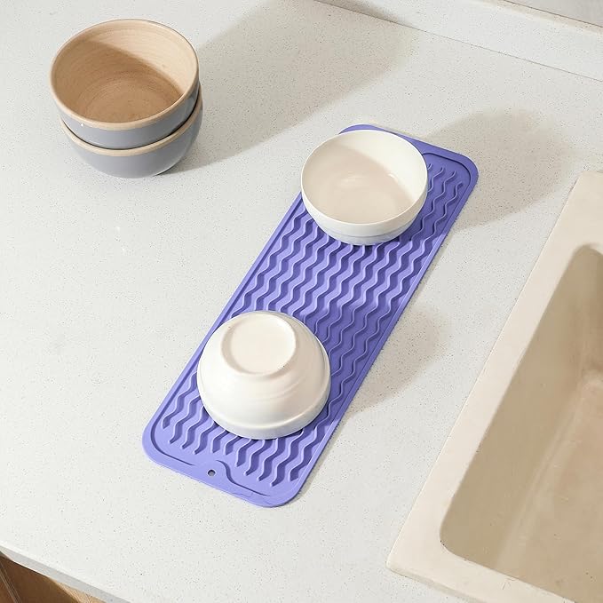 Silicone Dish Drying Mat for Multiple Usage,Easy clean,Eco-friendly,Heat-resistant Silicone Mat for Kitchen Counter,Sink,Bar,Bottle,or Cup Light Purple M 17 inches x 6 inches - Bloomnest