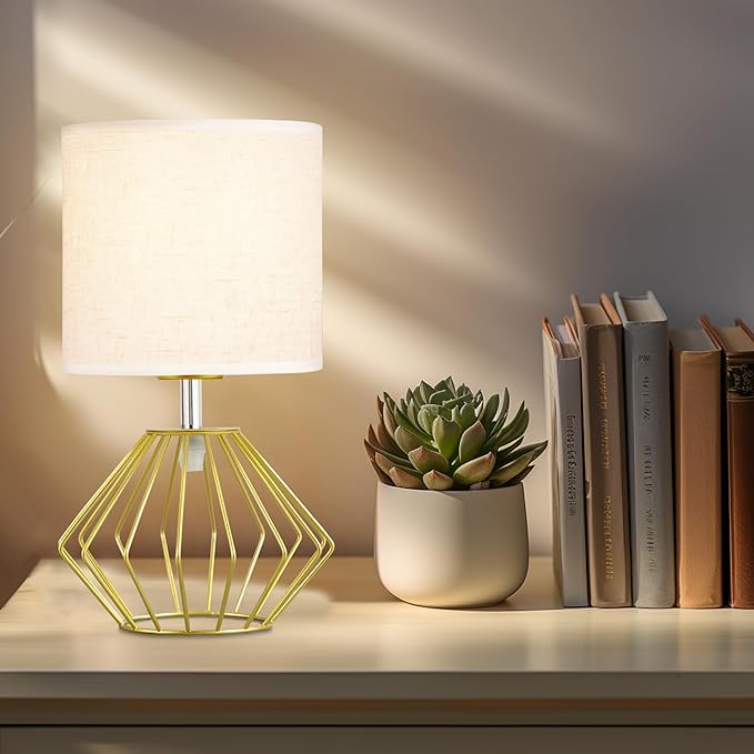 Hamilyeah Table Lamps Set of 2, Gold Bedside Lamps with On/Off Switch, Industrial Night Stand Lamps with Linen Beige Fabric Shade, Simple Modern Lamp for Bedroom, Living Room - Bloomnest