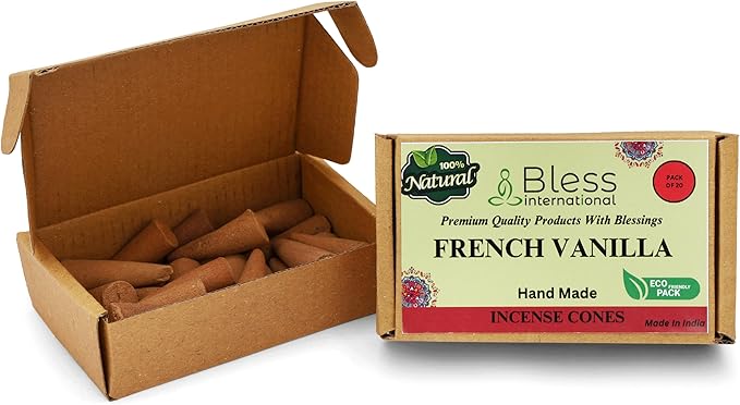 Bless International French-Vanilla 100%-Natural-Incense-Cones Handmade-Hand-Dipped Organic-Chemicals-Free for-Purification-Relaxation-Positivity-Yoga-Meditation The-Best-scents (20 Count) BlessInternational
