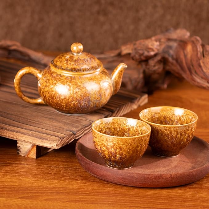 Tea Set, Porecelain Kung Fu Teaset, Gold Crystalline Glaze Chinese Small Tea Cups, Ceramic Tea Pot and Cups Set, Ideal Asian Tea Gift Set for Home Outdoor and Office - Bloomnest
