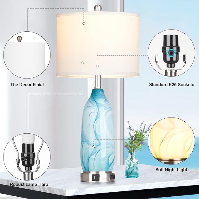 26" Coastal Table Lamps Set of 2, Modern Table Lamps with USB A+C Ports & AC Outlet, Touch Control Glass Bedside Nightstand Lamp with Night Light for Living Room Bedroom End Table Blue(Bulbs Included) - Bloomnest