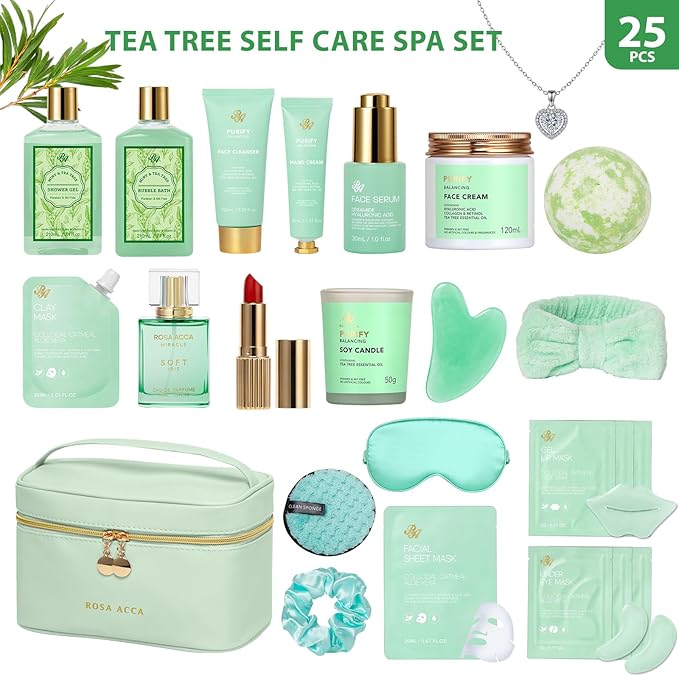 Valentines Day Gifts for Women, 25 Pcs Bath & Body Gift Set, Tea Tree Skin Care Kit, Spa Gift Basket, Self Care, Facial Sheet Mask, Toiletry Bag, Serum, Necklace, Christmas, Birthday, Mother's Day - Bloomnest