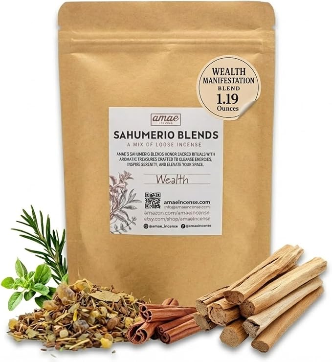 Natural Resin, Herbs & Essence Wealth Manifestation Mix - Blend with Frankincense, Sandalwood, Cinnamon & Copal - Grounding Loose Incense for Abundance Rituals & Meditation - 1.19 oz. AmaeIncense