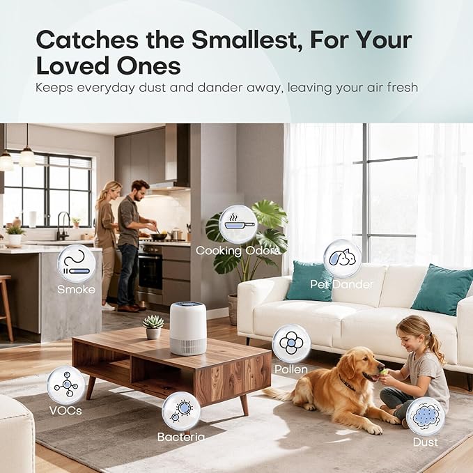 Air Purifiers for Home with H13 True HEPA Filter Up to 1076 Ft² for Pet Hair, Odors, Pollen, Smoke, Compact Air Cleaner with 3 Speeds, Timer, Aroma Quiet 360°Intake Filter, White - Bloomnest