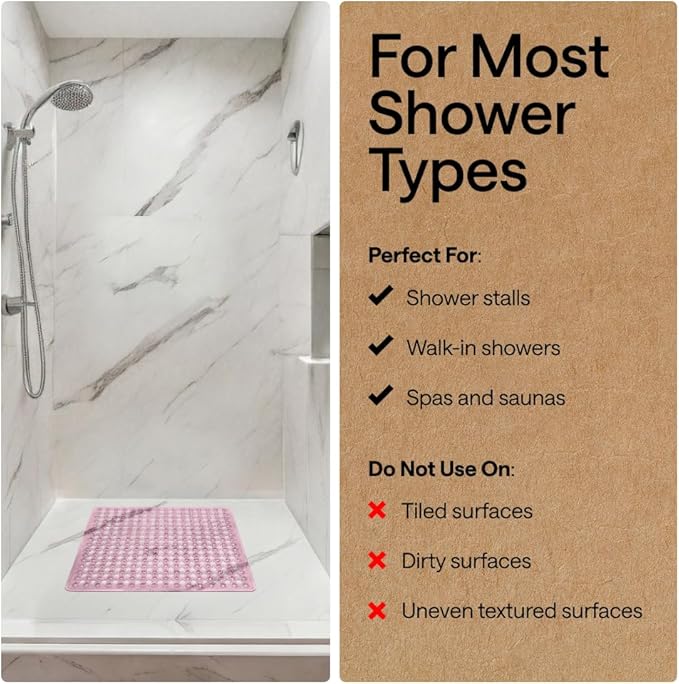 GORILLA GRIP Patented Square Shower Stall Mat, Small Bathtub Floor Mats for Stand Up Showers, Suction Cups and Drainage Holes, Machine Wash, Soft on Feet, Bathroom Accessories 21x21 Inch, Light Pink - Bloomnest