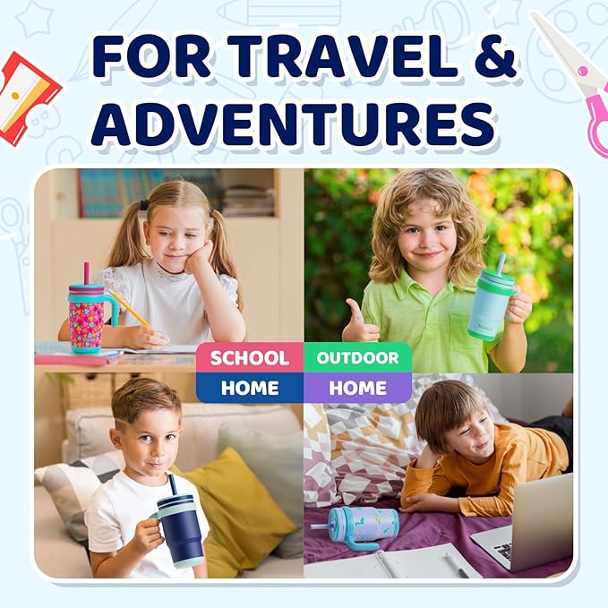 Tronco 14 oz Kids Insulated Tumbler with Handle & Spill Resistant Flexible Straw, BPA-Free Stainless Steel Toddler Cups with Lids, Splash-Proof Kid Drinking Cup Travel Mugs, Hand Wash Only - Bloomnest