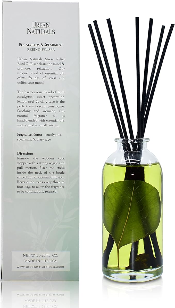 Urban Naturals Eucalyptus Spearmint Stress Relief Aromatherapy Diffuser Gift Set | Fragrance Your Space | Fresh Scented Room Freshener + Home Decor | Home Gift Idea. Vegan.