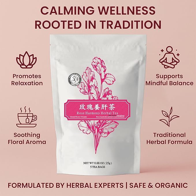 Rose Harmony Herbal Blend, Natural Herbal Tea With Rose, Mandarin Peel, Chrysanthemum, and Licorice Root, Calming Floral Infusion and Relaxing Beverage, Includes 5 Natural Tea Bags for Mindful Sipping