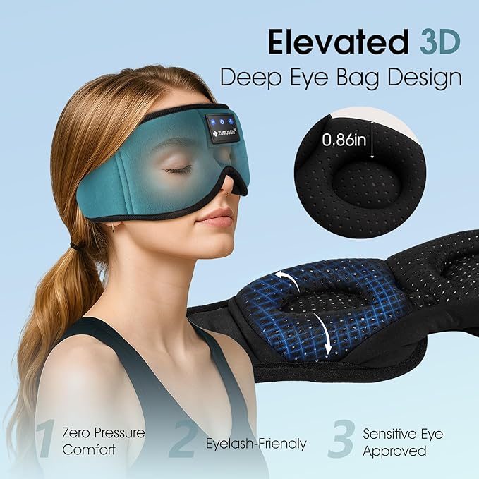 ZUMUSEN Bluetooth Sleep Headphones, 3D Wireless Music Eye Mask with Ultra-Thin Stereo Speakers, Adjustable Sleep Mask for Side Sleepers, Perfect for Travel, Meditation, Relaxation - Bloomnest