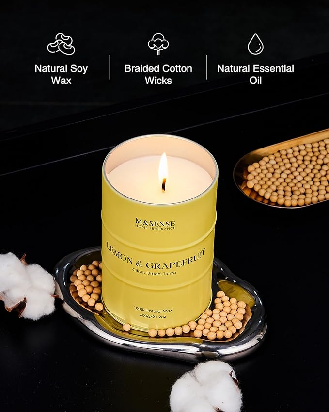 M&SENSE Lemon Candle Large for Home Scented, Lemon Soy Candles 21.2oz 120 Hour Slow Burning, Highly Scented Limoncello Grapefruit Citrus Candles for Bathroom, Fresh Smelling Candle - Bloomnest