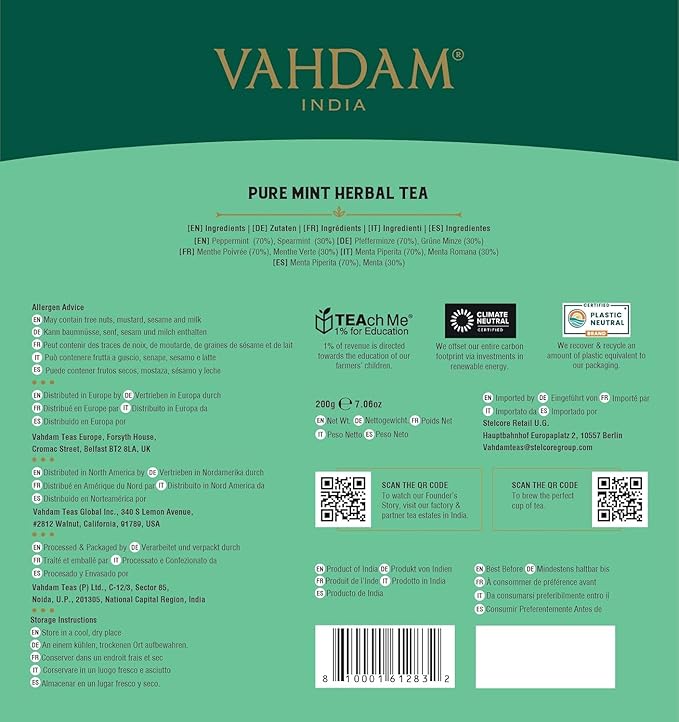 VAHDAM, Pure Mint Herbal Tea (100 Pyramid Tea Bags) Caffeine Free, Non GMO, Gluten Free | Blend of Spearmint & Peppermint - Sweet & Minty | Resealable Ziplock Pouch - Bloomnest